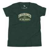 Unashamed Varsity Youth T-Shirt in Heather Forest color, featuring bold lettering and a cross centered on the design. Faith-based apparel.