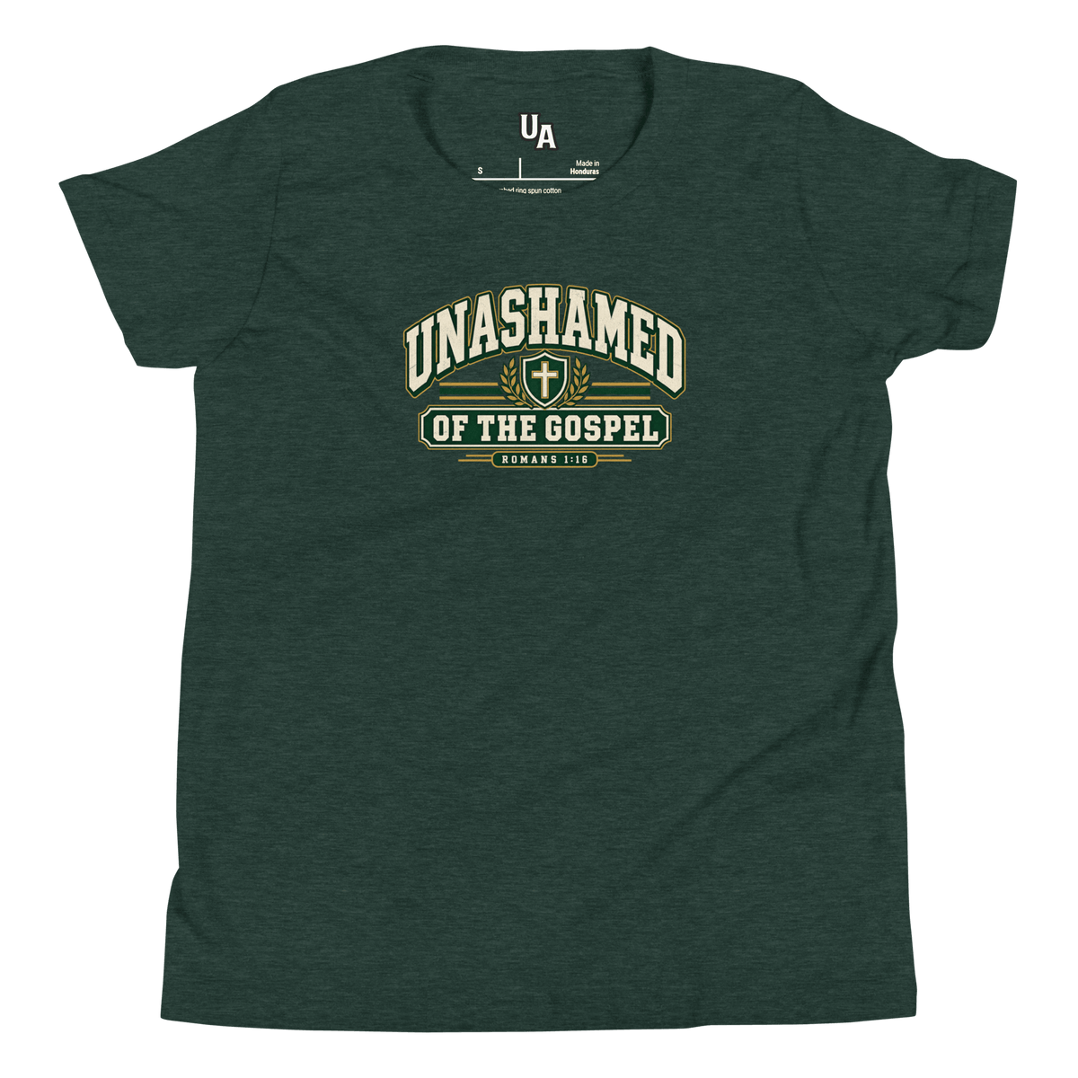Unashamed Varsity Youth T-Shirt in Heather Forest color, featuring bold lettering and a cross centered on the design. Faith-based apparel.