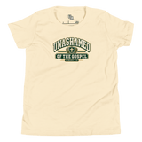 Unashamed Varsity Youth T-Shirt for kids showcasing faith, with bold lettering and a cross-centered design in natural color.