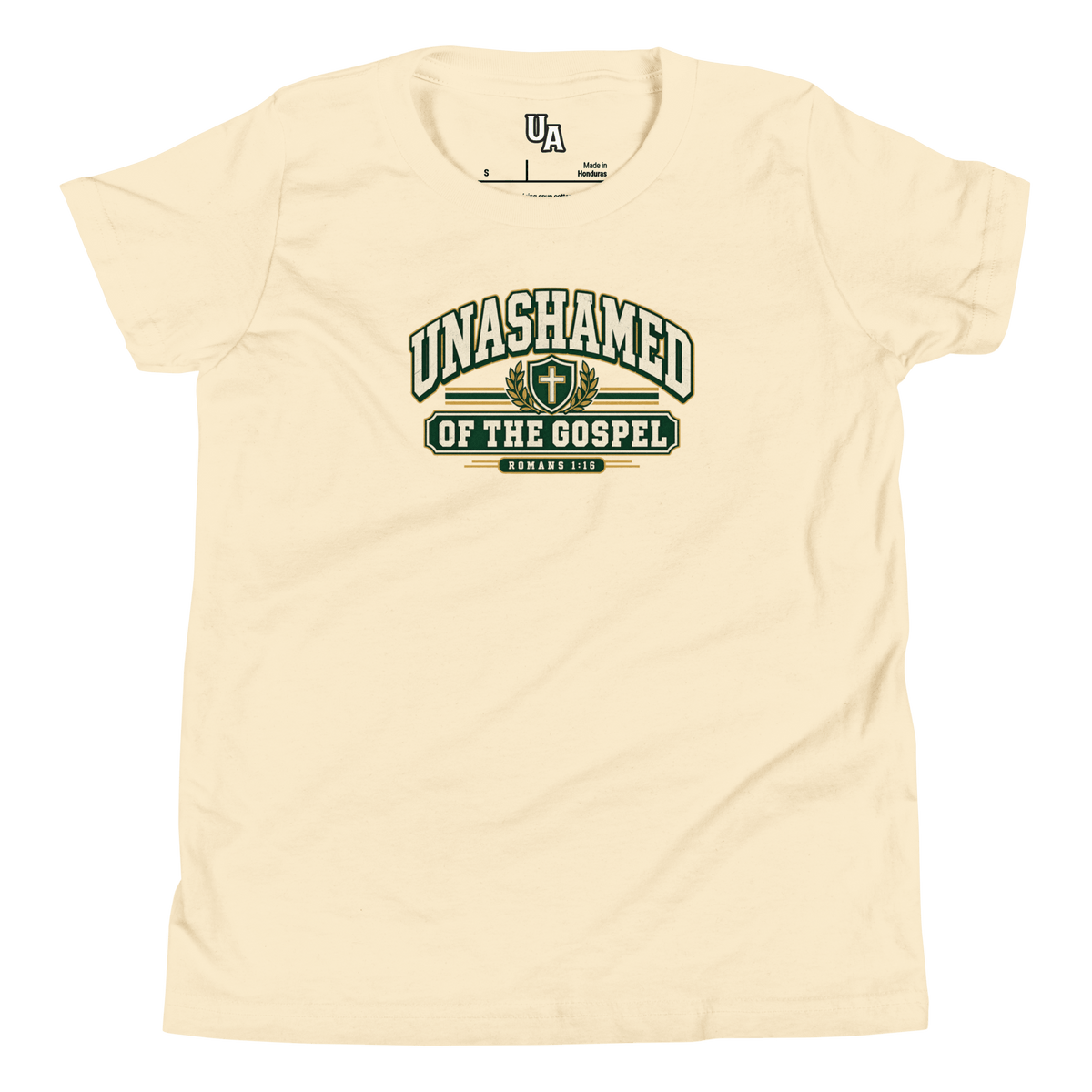 Unashamed Varsity Youth T-Shirt for kids showcasing faith, with bold lettering and a cross-centered design in natural color.