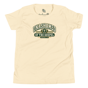 Unashamed Varsity Youth T-Shirt for kids showcasing faith, with bold lettering and a cross-centered design in natural color.