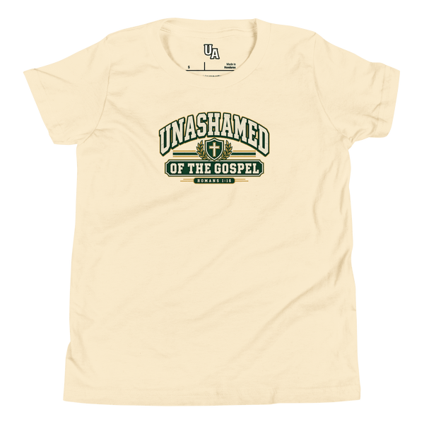 Unashamed Varsity Youth T-Shirt for kids showcasing faith, with bold lettering and a cross-centered design in natural color.