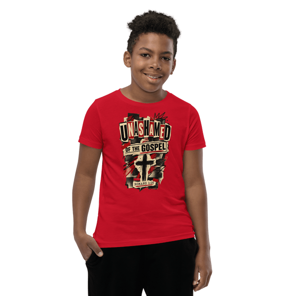 Unashamed of the Gospel Youth T-Shirt worn by a boy, promoting faith in Christian apparel.