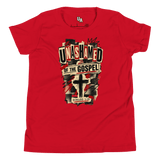 Unashamed of the Gospel Youth T-Shirt in red, featuring a distressed design with a cross, promoting faith and confidence.