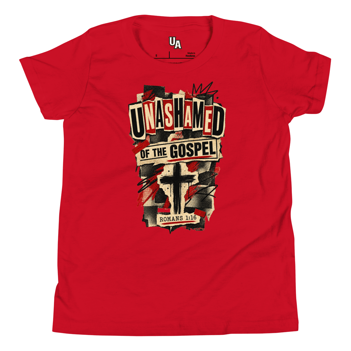 Unashamed of the Gospel Youth T-Shirt in red, featuring a distressed design with a cross, promoting faith and confidence.