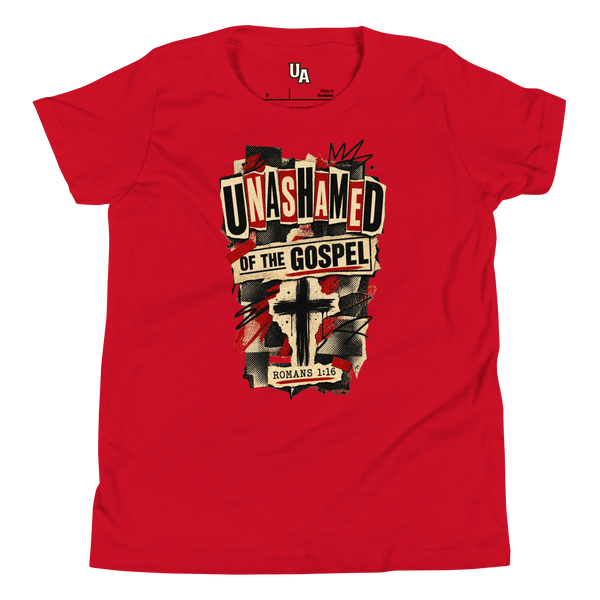 Unashamed of the Gospel Youth T-Shirt in red, featuring a distressed design with a cross, promoting faith and confidence.