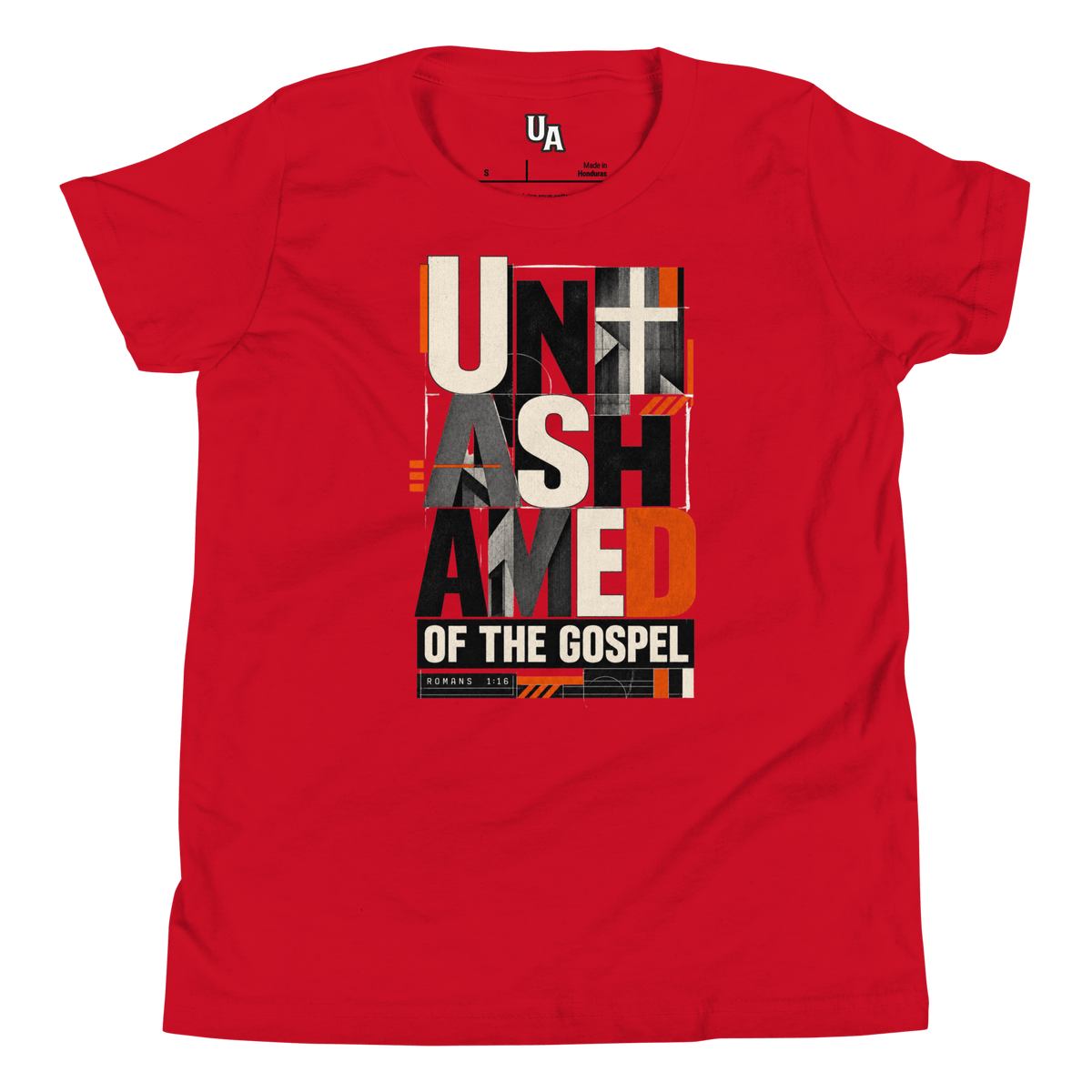 Unashamed Romans 1:16 Youth T-Shirt in red featuring bold typography expressing faith in God.