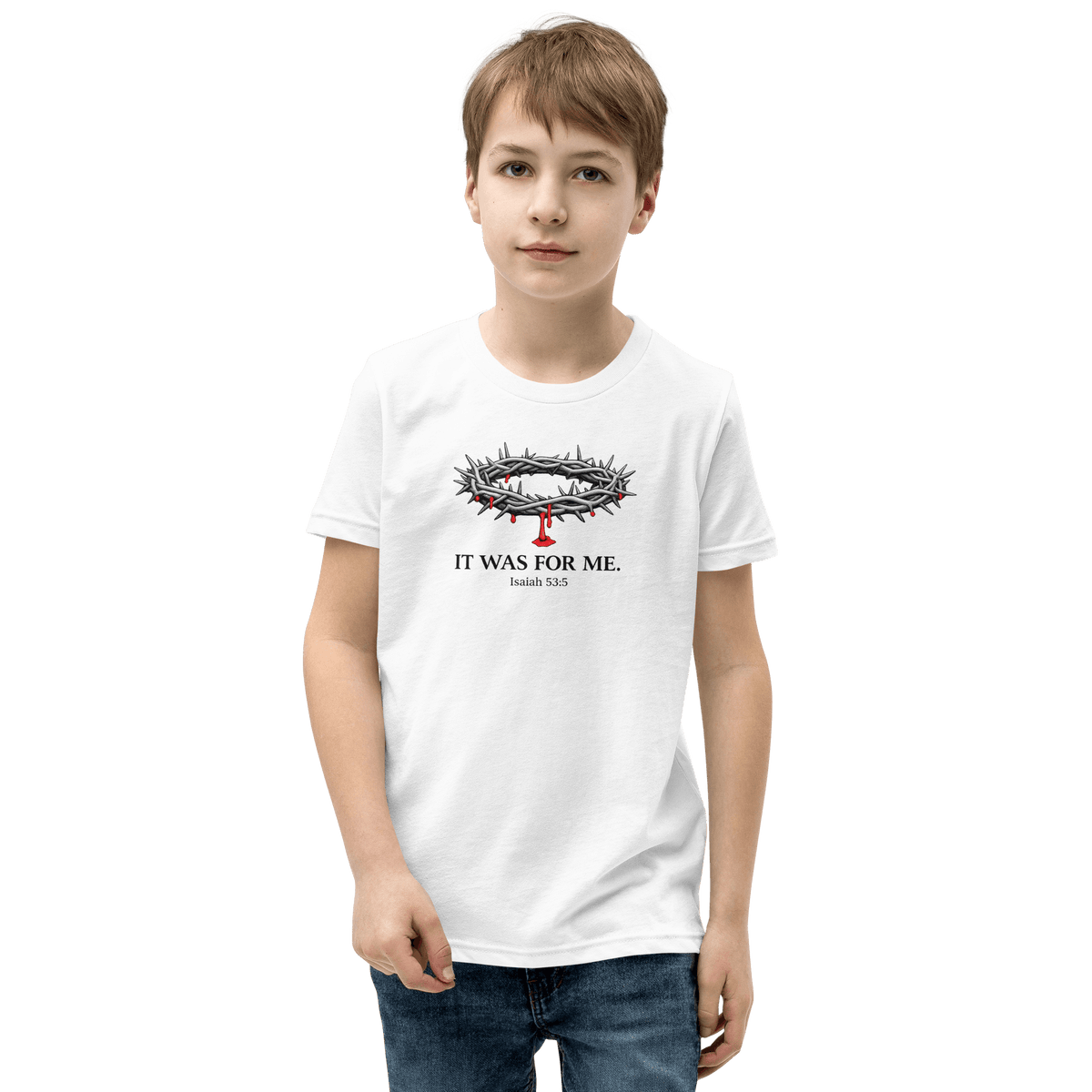 Boy wearing 'It Was for Me' Kids’ Christian T-Shirt, showcasing faith and God's love.