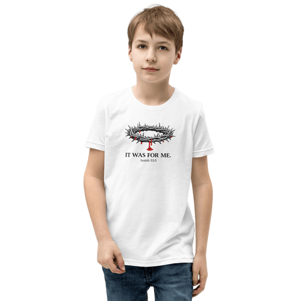 Boy wearing 'It Was for Me' Kids’ Christian T-Shirt, showcasing faith and God's love.