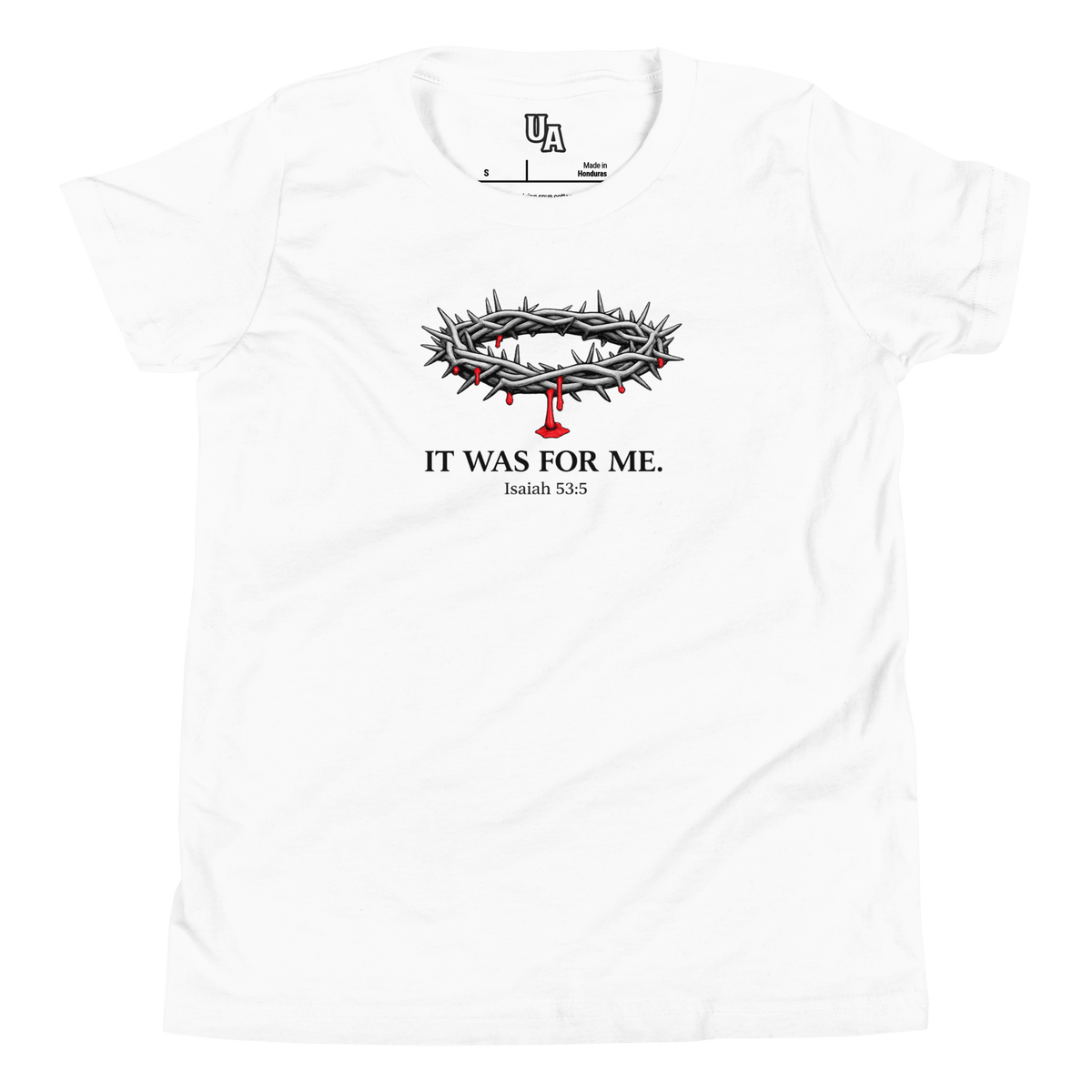 It Was for Me Kids’ Christian T-Shirt in white with crown of thorns design, symbolizing faith in God's love.