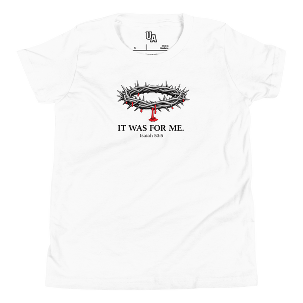 It Was for Me Kids’ Christian T-Shirt in white with crown of thorns design, symbolizing faith in God's love.