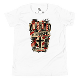 Unashamed of the Gospel Youth T-Shirt featuring a bold design with a powerful cross, faith-based message in white.