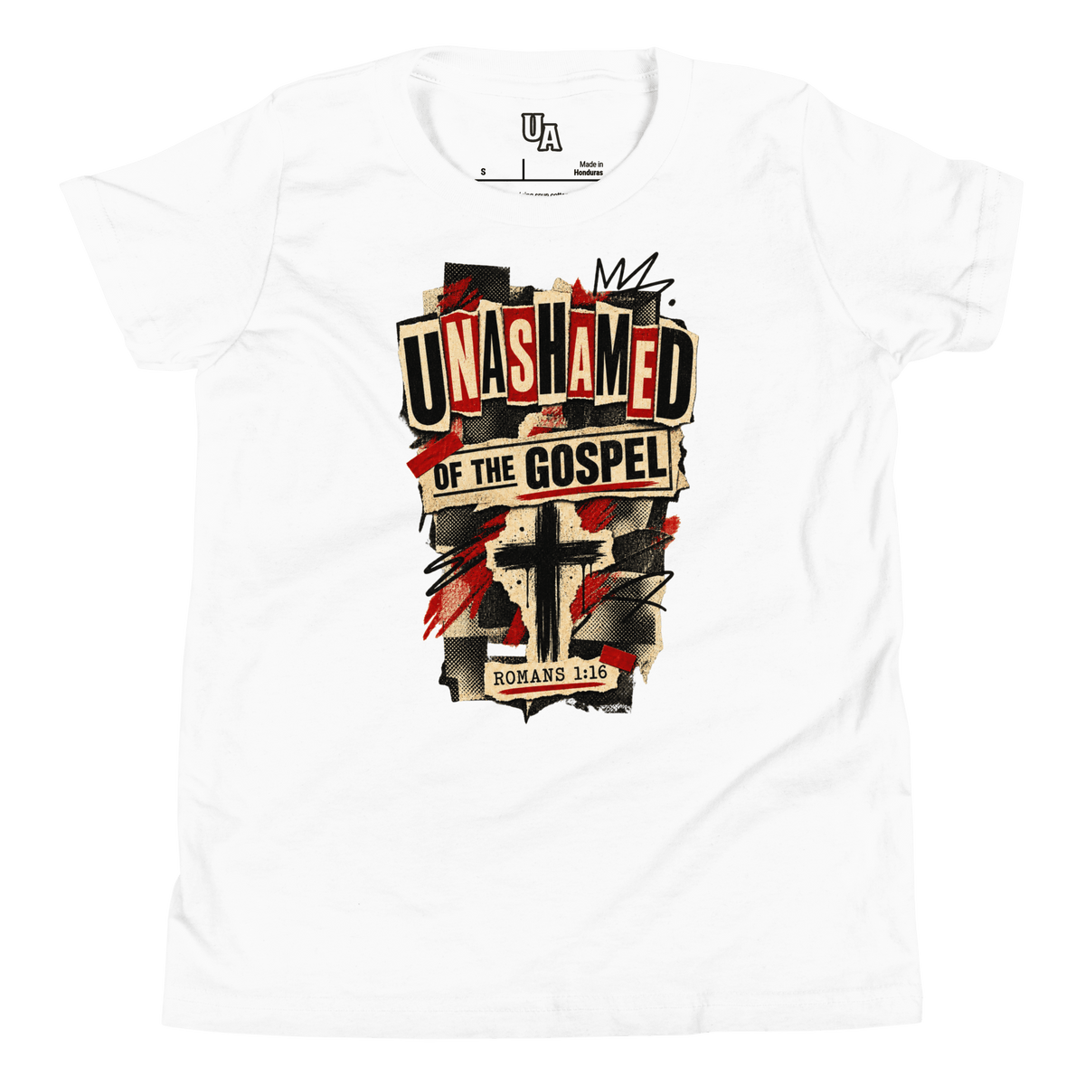 Unashamed of the Gospel Youth T-Shirt featuring a bold design with a powerful cross, faith-based message in white.