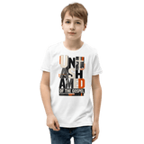 Unashamed Romans 1:16 Youth T-Shirt worn by a boy, featuring bold typography and Christian faith theme.