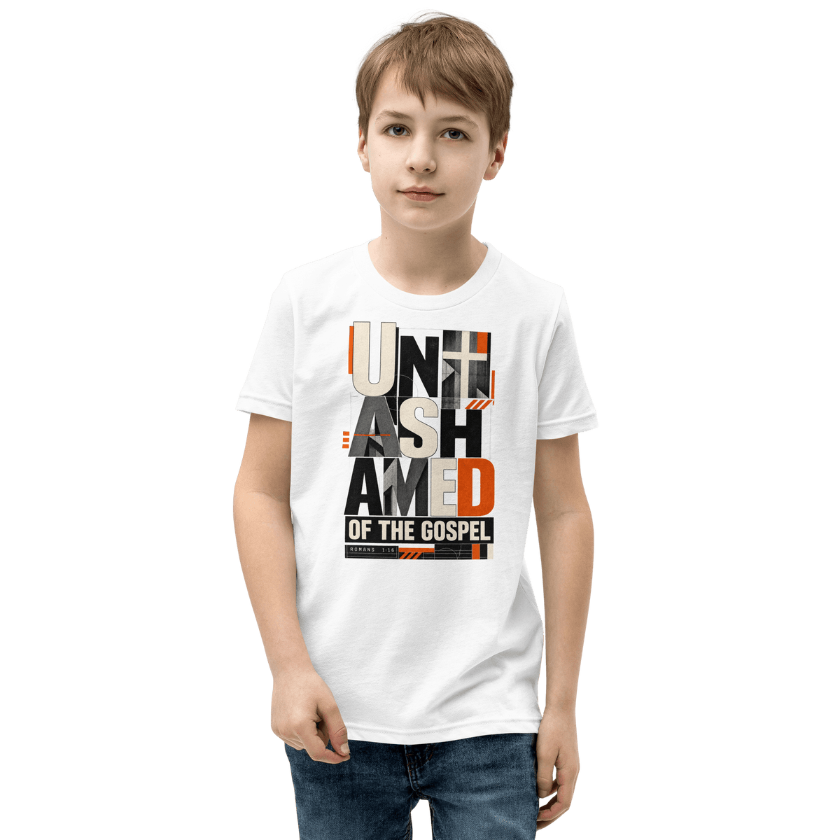 Unashamed Romans 1:16 Youth T-Shirt worn by a boy, featuring bold typography and Christian faith theme.