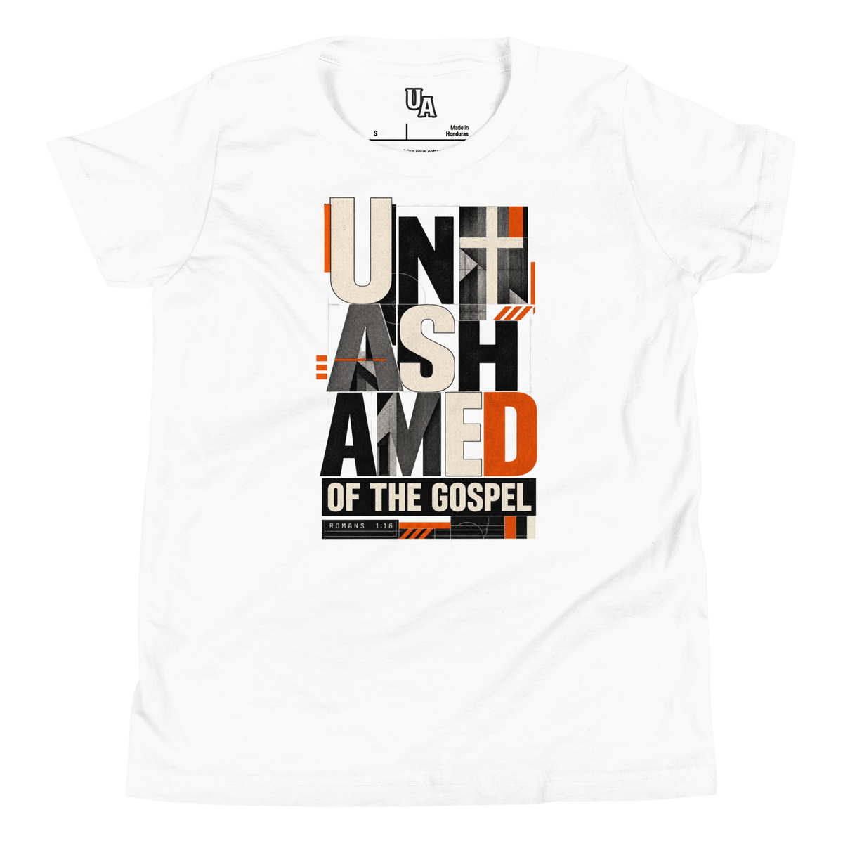 Unashamed Romans 1:16 Youth T-Shirt in white featuring bold typography and striking orange accents about faith in God.