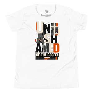 Unashamed Romans 1:16 Youth T-Shirt in white featuring bold typography and striking orange accents about faith in God.