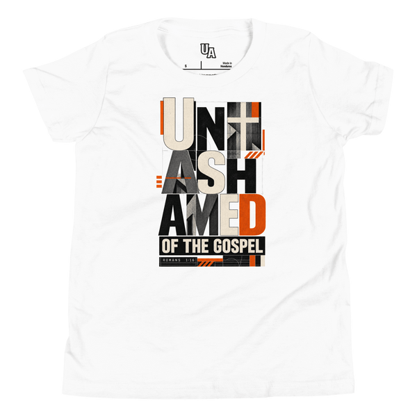 Unashamed Romans 1:16 Youth T-Shirt in white featuring bold typography and striking orange accents about faith in God.