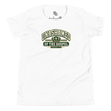 Unashamed Varsity Youth T-Shirt in white with bold varsity lettering and cross-centered shield, representing faith and God.