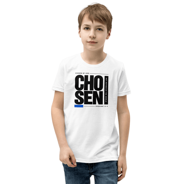Boy wearing Chosen by God Ephesians 1:3-5 Youth T-Shirt, showcasing faith and identity in God.