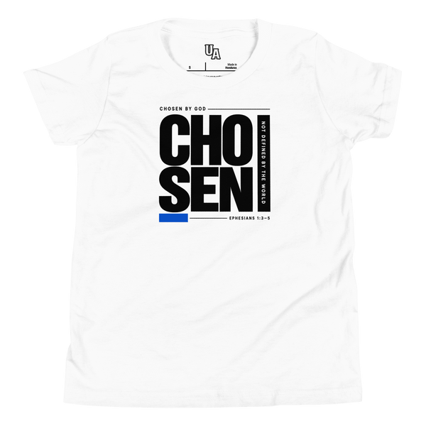 Chosen by God Ephesians 1:3-5 Youth T-Shirt featuring bold typography and modern design for young believers.